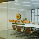 3D realistic logo mockup on office meeting room glass wall
